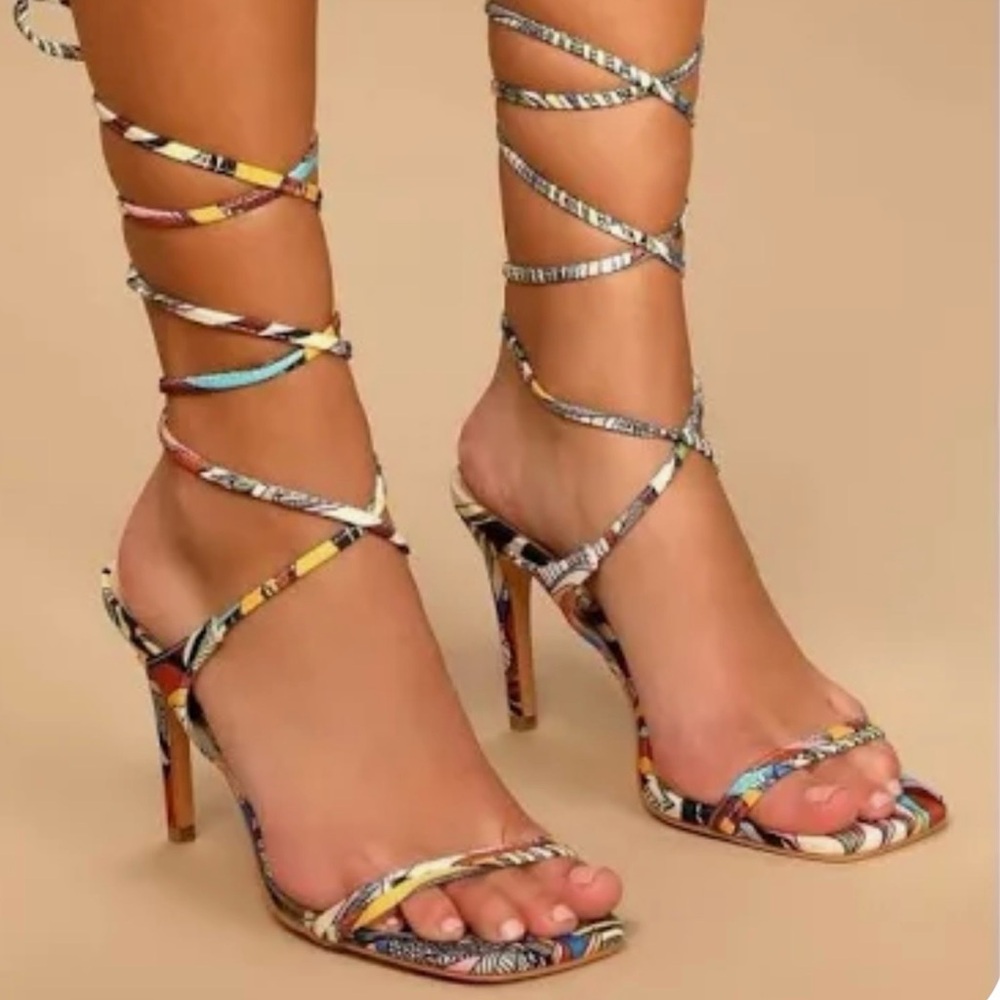 New Lulu's Wiley Multi Print Square toe Lace Up High Heel Sandals size 8 - Picture 2 of 11